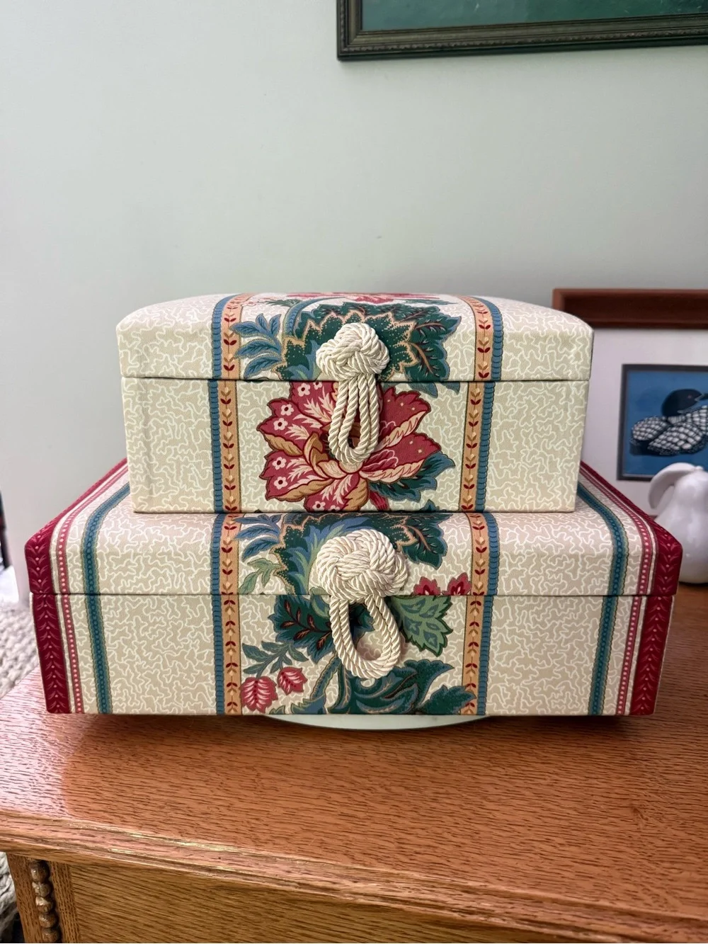 Vintage Rosenthal Fabric covered jewelry boxes photo storage rope detail floral